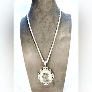 Women Jewelry Molded Cameo Necklace on Double Loop Silver 28” Chain Hangs 17”